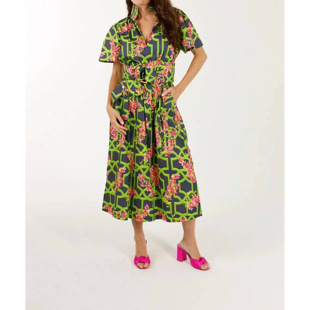 NEW HOLLY SHAE DESIGN gretchen midi dress in vine & dandy bougainvillea